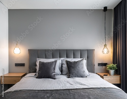 Wallpaper Mural ai image highlights a modern hotel bedside area featuring a grey upholstered headboard nightstand lamp and power outlet Torontodigital.ca