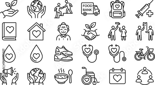 Assortment of line art icons for social services healthcare environmental and community support