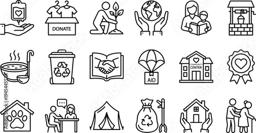 Charity and community service line icon set featuring donation box blood bag volunteering soup kitchen and helping hands