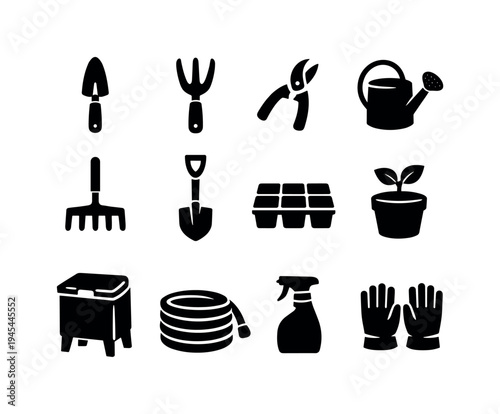 Home gardening tools: hand trowel, hand cultivator claw, pruning scissors, watering can, garden rake, shovel spade, seed tray, plant pot with sprout, compost bin, garden hose coil, spray