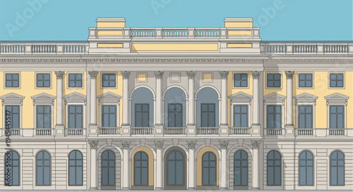 Classic building facade, yellow and gray architectural illustration, vector building design, ornate exterior
