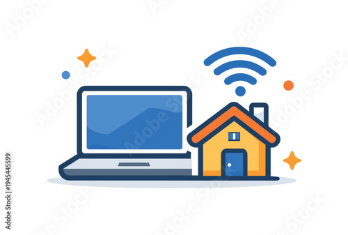 Remote work and flexible digital lifestyle enabling professionals to stay productive from anywhere while maintaining independence and balance, a laptop with a small house icon beside a