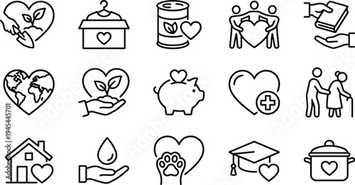 Philanthropy and kindness icon collection with hearts plants money savings food donations and educational scholarship symbols