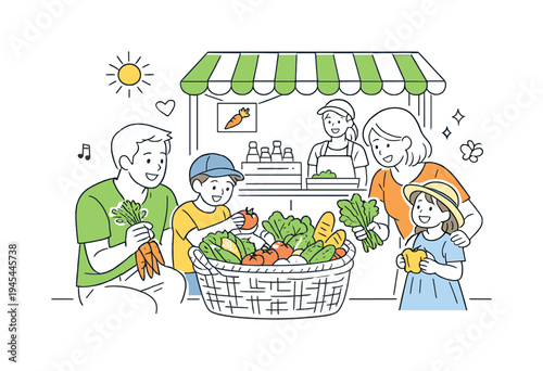 A family visiting a local farmers market on a sunny weekend morning while choosing fresh organic products together, gathered around a large basket of vegetables and a simple market stand