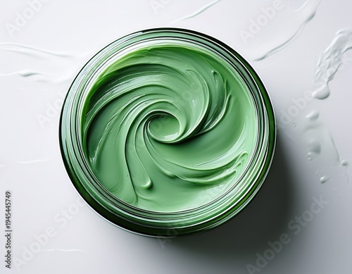 Wallpaper Mural ai image provides a top down view into an open jar filled with swirled green cosmetic clay mask on white background Torontodigital.ca