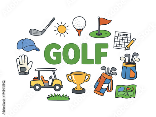 Golf sport concept focused on precision, patience, and strategic play where athletes compete on large outdoor courses aiming to complete holes with the fewest strokes. GOLF title surrounded