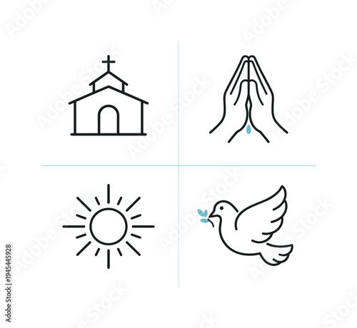 Faith and spiritual devotion representing prayer, guidance, and personal belief systems expressed through calm symbolic imagery used in inspirational and reflective design themes, four tiles