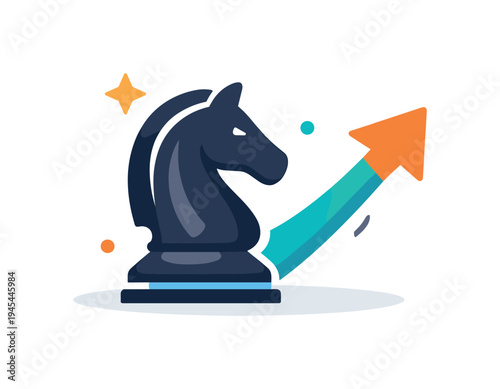 Business strategy and structured decision making helping organizations plan long term direction and evaluate opportunities with clarity, a chess knight piece beside a simple upward arrow