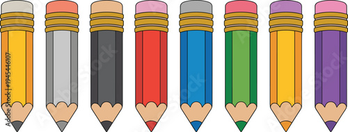 Colorful pencil set illustration, school stationery tools, creative drawing supplies, education materials, classroom learning concept