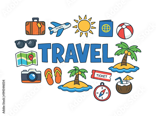 Summer travel and vacation planning concept highlighting warm weather trips, exploration, and leisure activities people enjoy during holiday season and sunny destinations. TRAVEL title
