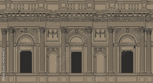 Ornate Building Facade, Architectural Details, Vintage Wall Design, Brown Stone Exterior