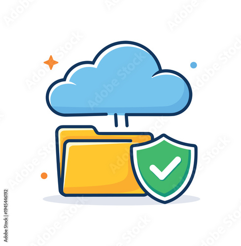 Cloud data backup and secure digital storage supporting reliable access to files and protection of important information across devices, a simple cloud connected to a small shield and folder