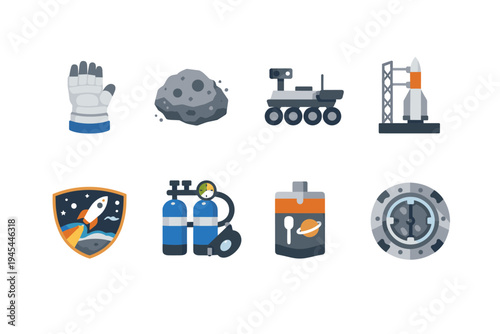 Collection of space exploration icons including astronaut glove, asteroid, rover, and rocket