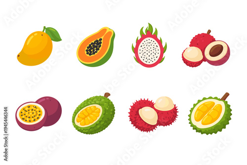 Collection of exotic tropical fruits including mango, papaya, dragon fruit, and durian