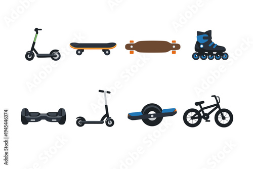 Collection of modern personal transportation vehicles and recreational equipment