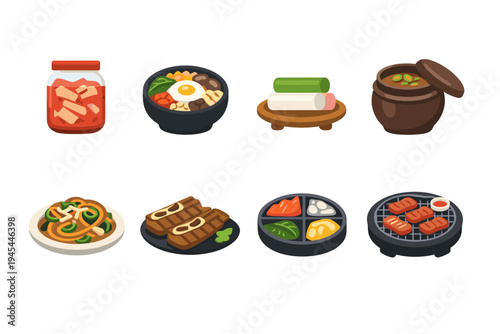 Collection of popular Korean food dishes and ingredients in a flat design style