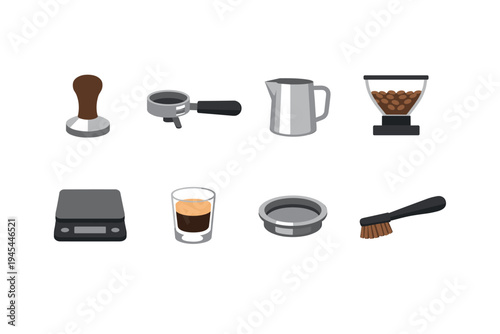 Collection of essential barista tools for making espresso and coffee drinks