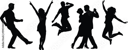 Dancing couple and party people silhouette set, energetic celebration movement and joyful nightlife entertainment concept isolated background