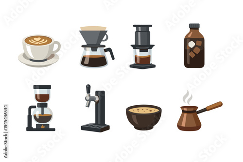Collection of coffee brewing equipment and drinks, flat design icons