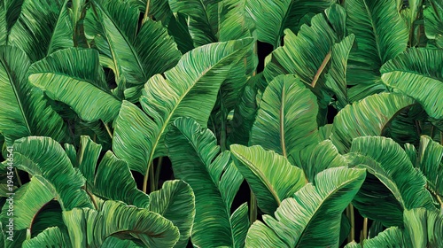 Lush tropical banana palm leaf pattern with vibrant green foliage