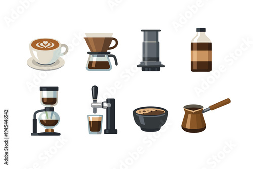 Collection of coffee brewing equipment and drinks in flat design style