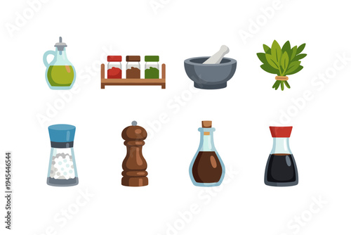 Collection of kitchen seasonings and cooking ingredients in a flat design style