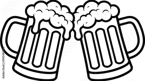 Outline drawing of two beer mugs clinking together toasting celebration with foamy head