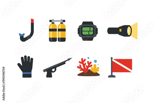 Collection of scuba diving equipment icons for underwater exploration and adventure