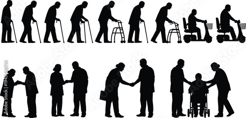 Elderly mobility and assistance silhouette collection, seniors using cane walker scooter with caregiver support, aging healthcare concept