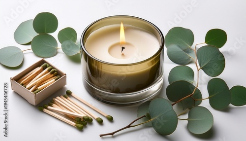 Wallpaper Mural candle with eucalyptus leaves and matches arranged on a white background Torontodigital.ca