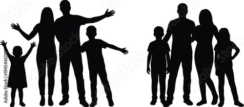 family silhouette collection, parents with children silhouettes, happy family group pose, mother father kids together, isolated black family silhouettes