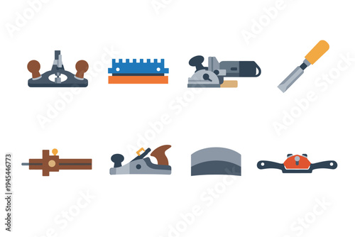 Collection of carpentry tools and woodworking equipment in a flat design style