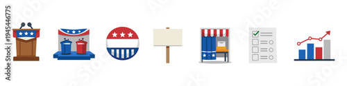 Collection of US election and voting icons including podium, ballot box, and voting booth