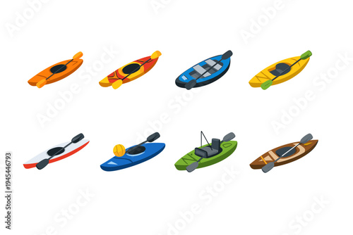Collection of colorful kayaks with paddles in isometric view on white background