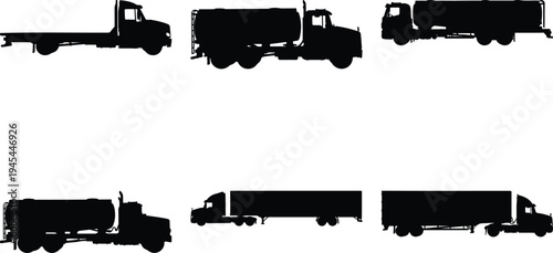 Set of six distinct truck silhouettes, featuring semi-trailers, flatbed trucks, and fuel tankers, perfect for logistics and shipping graphics.