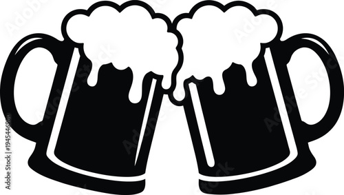 Two foaming beer mugs clinking in celebration toast isolated on transparent background black and white drink vector art