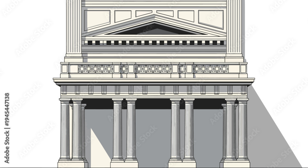 Fototapeta premium Gray ancient temple facade, neoclassical architecture, columns and pediment, building illustration, eps vector