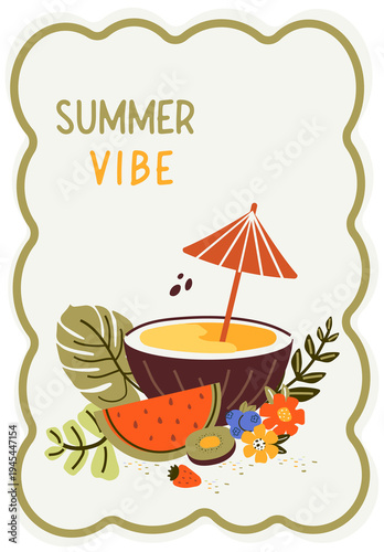 summer vibe. A set of cute elements: watermelon, kiwi, strawberry, coconut, banana, monstera, leave. trend background, banner, postcard. for print in a linear, minimalist style. art png illustration
