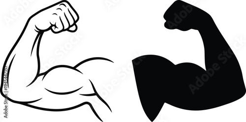 Strong flexed arm muscle icon set with outline and silhouette versions showing bicep power and fitness strength vector