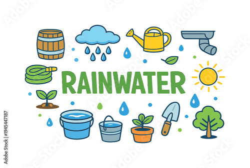 Seasonal countryside lifestyle concept focused on collecting rainwater in barrels for garden irrigation during spring and summer as a sustainable way to conserve water and support healthy