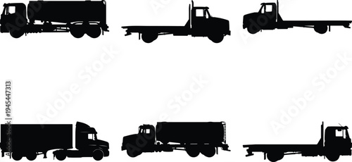 Collection of diverse truck silhouettes including tanker, flatbed, and semi-trailer trucks, representing logistics and transportation services.