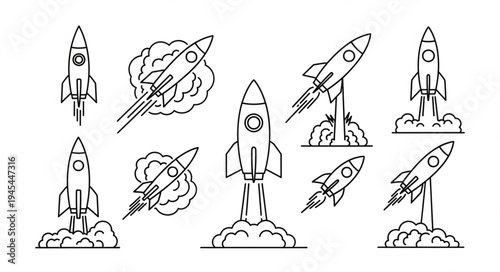 Collection of rocket ship illustrations in various launch and flight poses.