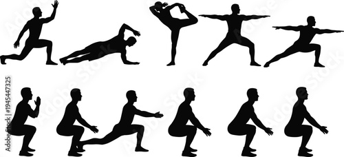 Man fitness and yoga silhouettes collection showing different workout, stretching and balance poses isolated on white background sport training set