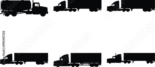 Compilation of six truck silhouettes, featuring tankers and semi-trailers, ideal for illustrating global trade, shipping, and freight services.