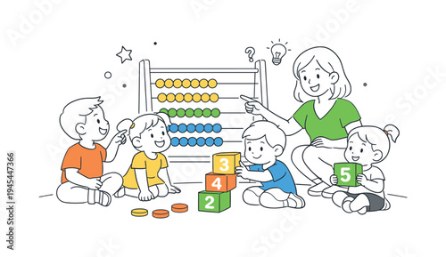 A group of preschool children learning basic numbers during an engaging kindergarten lesson with their teacher, gathered around a large abacus and a few simple counting blocks that symbolize