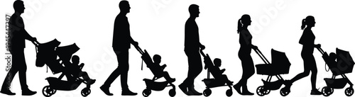 Parents walking with baby stroller silhouette, mother father pushing pram with child, family parenting lifestyle outdoor walk concept