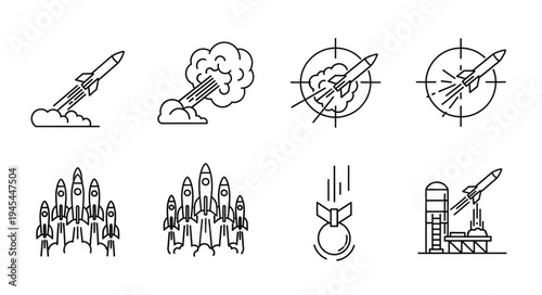 Rocket Launch and Missile Icons Set.