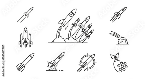 Collection of rocket ship illustrations in simple line art style.