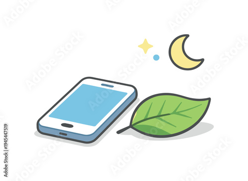 Digital wellbeing and mindful technology use supporting healthy balance between online activity and personal mental health, a smartphone resting beside a peaceful leaf and a small moon