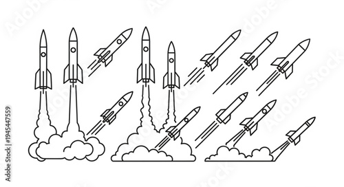 Multiple rockets launching into the sky with smoke trails.